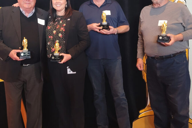 Detroit Mayor Jim Trett, Marion County Commissioner Danielle Bethell, Mill City Mayor Tim Kirsch and Ron Carmickle, mayor of Gates, are shown at the Travel Salem awards event that honored the Santiam Canyon for its resilience.