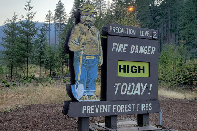 The fire danger was rated “high” Tuesday on the sign outside the Detroit Ranger Station. Gov. Kate Brown has declared a statewide wildfire emergency because of dangerous wind, weather and drought conditions.