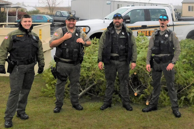 Linn County Sheriff’s Deputies collect Christmas trees for families in need after they were found poached Nov. 21 in the Santiam State Forest, near Mill City.