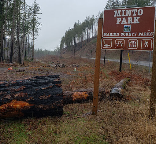 The entrance to Minto County Park remains closed more than two years after the 2020 wildfires. Recent flooding has slowed down efforts to get the facility ready to reopen. James Day