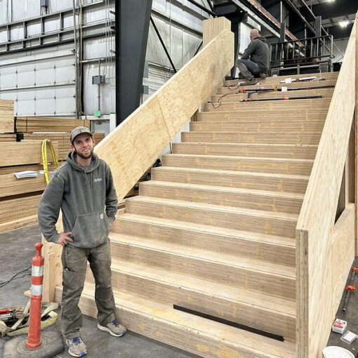 Here is a look at the mass plywood panel lounge that Freres Engineered Wood is building for an international conference which starts Monday in Portland. Freres Engineered Wood