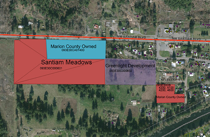 This aerial map shows the site for Santiam Meadows. Also on the map is Mill City’s Greenlight development, which is expected to include 54 apartments and/or townhouses. CITY OF MILL CITY