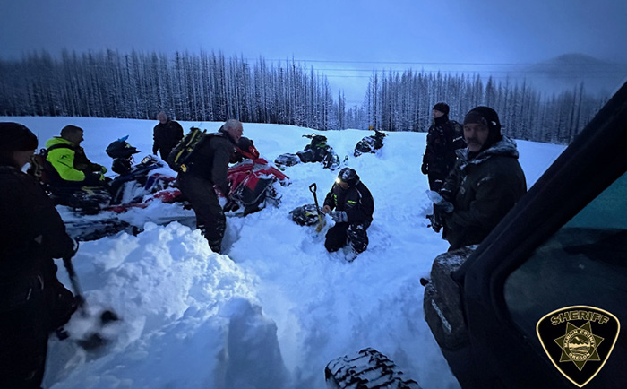 Here is a look at the scene where two snowmobilers were rescued Sunday amid heavy snow in the Breitenbush area. Marion County Sheriff’s Office