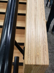 Here is a closer look at a staircase bannister at the Freres lounge for the Portland mass timber show that clearly shows the layered look of the mass plywood panels. James Day