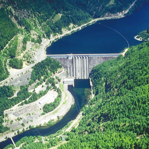 This is an aerial shot of the dam at Detroit Lake. The U.S. Army Corps of Engineers continues to work on a project to improve fish passage and cool the water temperature on the lake. Credit: U.s. Army Corps of Engineers
