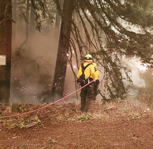 Volunteer irefighters with the Idanha-Detroit Rural Fire Protection District are seen here fighting the Labor Day fires in 2020. Volunteer firefighters make up between 70 and 90 percent of rural fire district’s personnel. Credit: Idanha-Detroit RFD
