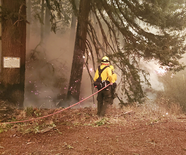 Volunteer irefighters with the Idanha-Detroit Rural Fire Protection District are seen here fighting the Labor Day fires in 2020. Volunteer firefighters make up between 70 and 90 percent of rural fire district’s personnel. Credit: Idanha-Detroit RFD